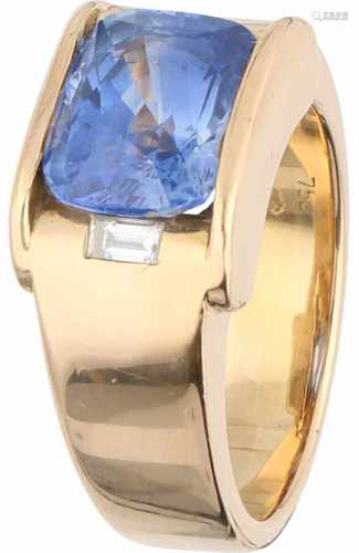 Men's signet ring yellow gold, ca. 0.20 carat diamond and natural blue sapphire - 18 ct.