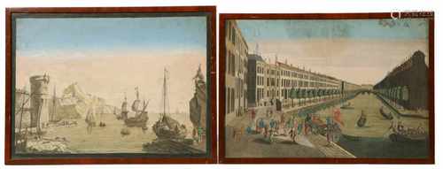 A lot with (2) hand coloured Italian opticaprints. Depicting a mediterranean Harbor and 'A view on