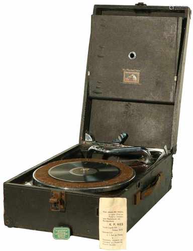 A portable grammophone. His Masters Voice.