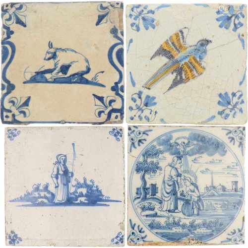 A lot with (4) Delft tiles. Various ages and motifs, amongst which the baptism in the Jordan river.