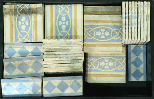 A large amount of blue-and-white Art Nouveau wall tiles.