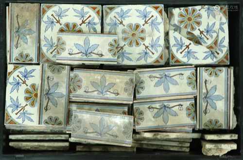 A large amount of polychromed Art Nouveau wall tiles.