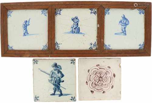 A lot of (5) earthenware tiles, amongst which three are framed. Delft, 18th/ 19th century.