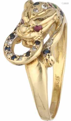 Ring yellow gold, ca. 0.04 carat diamond, sapphire, ruby and emerald - 18 ct.