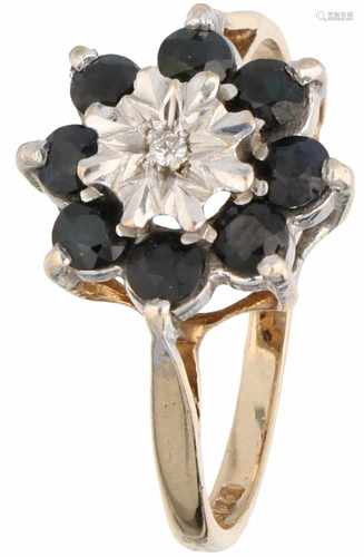 Rosette ring yellow gold, ca.0.005 carat diamond and sapphire - BLA 9 ct.