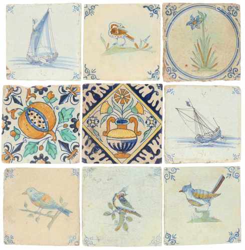 A lot with (9) Delft tiles with various depictions. Amongst which 7 with 'ox head'corner motif,