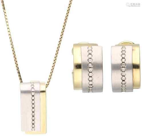 Set van necklace and earrings bicolour gold, ca. 0.20 carat diamond - 14 ct.