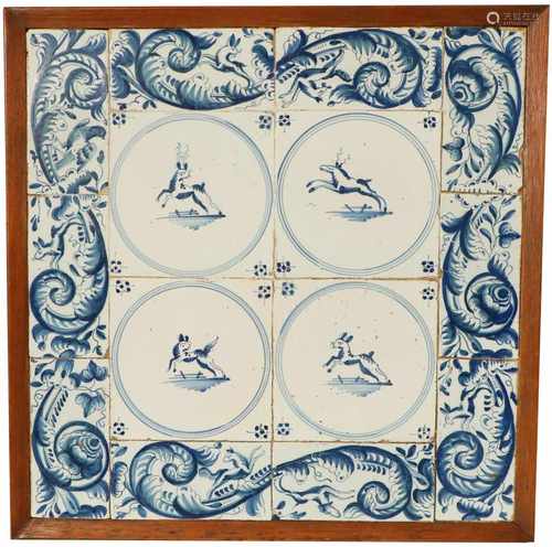 An earthenware tile panel with depictions of animals. Delft, 18th/ 19th century.