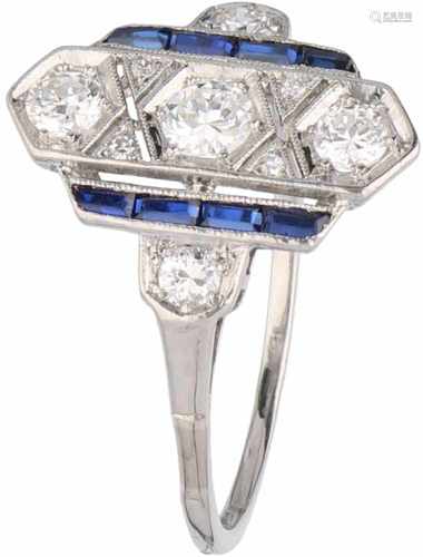 Ring platina, ca. 0.49 carat diamond and sapphire - Pt 900.