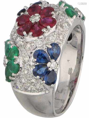 Cocktail ring white gold, ca. 0.35 carat diamond, sapphire, ruby and emerald - 18 ct.