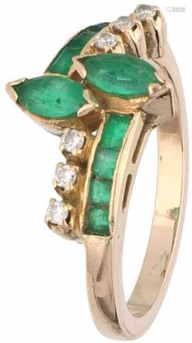 Ring yellow gold, ca. 0.06 carat diamond and emerald - 18 ct.