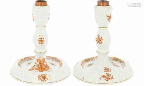 A set of porcelain candlesticks with Apponyi Orange-brown décor. Herend, Hungary, late 20th century.