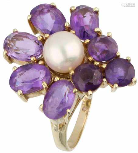 Cocktail ring yellow gold, amethyst and pearl - 14 ct.