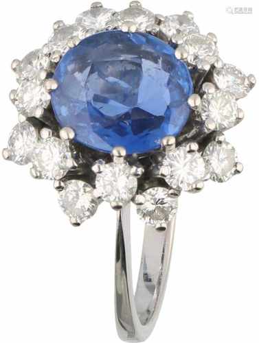 Entourage ring white gold, ca. 1.20 carat diamond and sapphire - 18 ct.