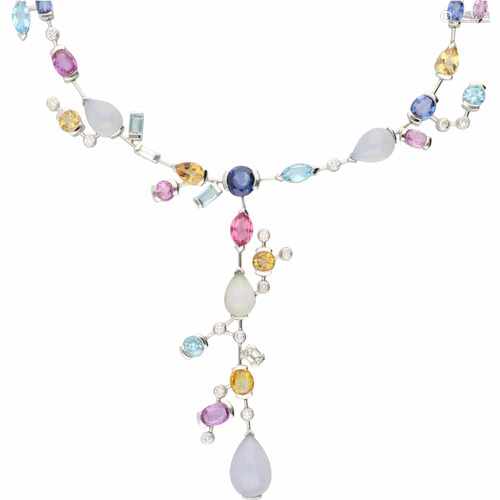 Necklace white gold, various precious stones including ca. 1.12 carat diamond and sapphire - 18 ct.