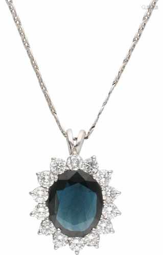 Entourage necklace with pendant white gold, ca. 1.68 carat diamond and sapphire - 18 ct.