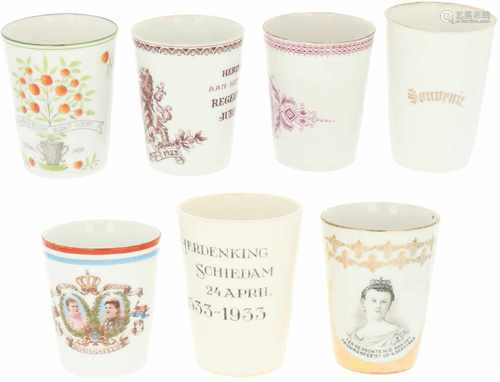 A lot with (7) royal family memorial cups, amongst others Petrus Regout. Late 19th/ 20th century.