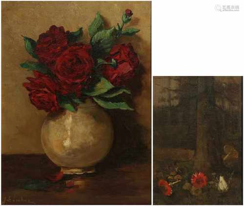 A lot with two paintings depicting mushrooms at the roots of a tree and a bouquet of flowers in a