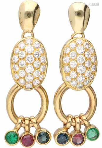 Earrings yellow gold, ca. 1.36 carat diamond, sapphire, ruby and emerald - 14 ct.