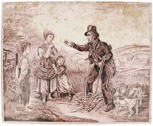 A English panel with depiction of a gamekeeper and figures collecting wood. Circa 1800/1810.