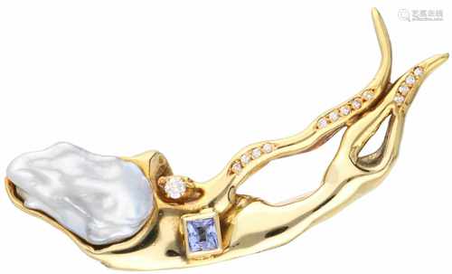 Design brooch yellow gold, ca. 0.21 carat diamond, blue / purple spinel and baroque pearl - 18 ct.