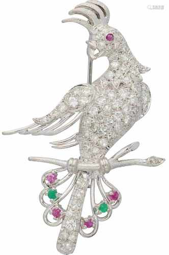 Parrot brooch platinum, ca. 1.23 carat diamond, ruby and emerald - BLA Pt. 640.