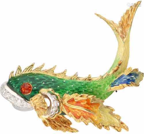 Brooch in the shape of a fish bicolour gold, ca. 0.08 carat diamond and multicoloured enamel - 18