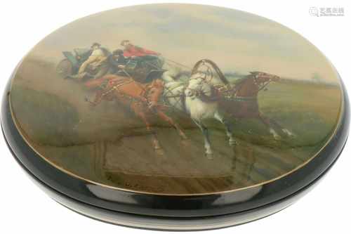 An oval Russian lacquer box with depiction of a staggering trojka.