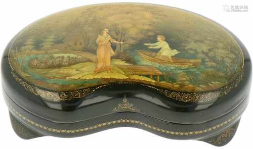 A kidney shaped Russian lacquer box with depiction of a love-couple meeting.