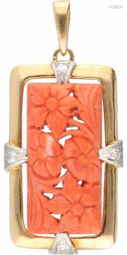 Pendant bicolour gold, ca. 0.12 carat diamond and cut red coral - 18 ct. and Pt 950.