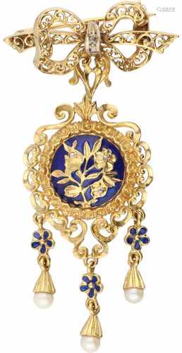 Brooch yellow gold, diamond, cultured pearl and blue enamelled - 18 ct.