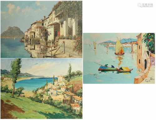 A lot with three paintings with summer scenes.