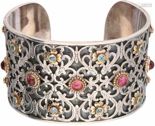 Konstantino bangle silver, blue topaz and pink tourmaline in 18 ct. yellow gold setting - 925/1000.