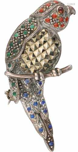 Parrot brooch silver, including marcasite, jasper, malachite etc. - 925/1000.