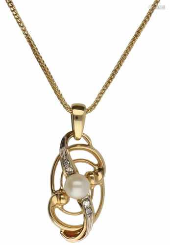 Necklace met pendant yellow gold, ca. 0.032 carat diamond and cultured pearl - 14 ct.