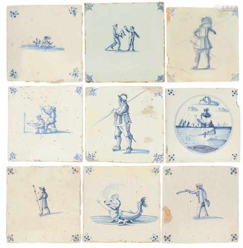 A lot with (9) Delft tiles with various depictions and corner motifs. Amongst others 'ox head'