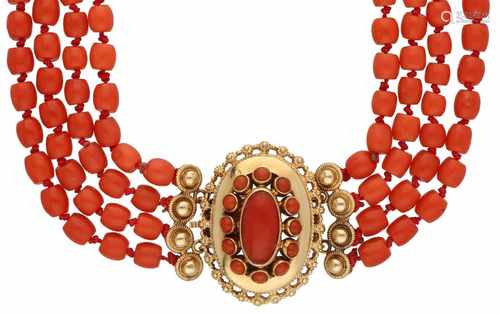 Necklace with a yellow gold closure, red coral - 14 ct.