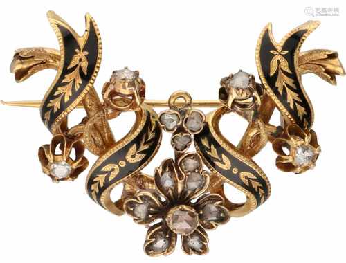 Brooch yellow gold, diamond and zwart enamelled - 18 ct.