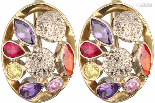 Cocktail earrings bicolour gold, ca. 0.07 carat diamond and various gemstones a.w. ruby and amethyst