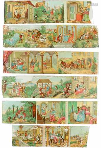 A lot with (6) magic lantern images relating to fairy tales. Some damages.