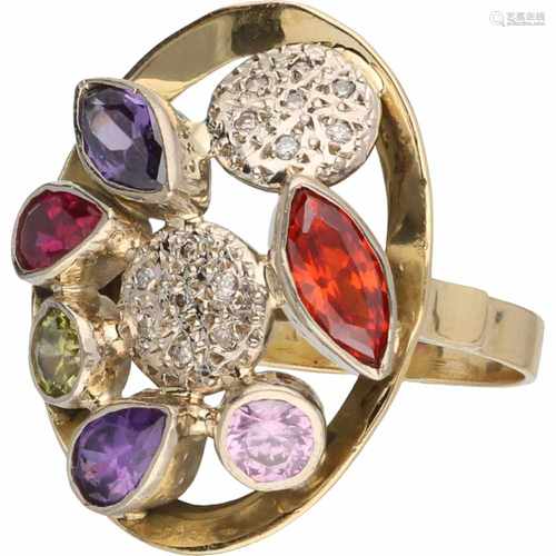 Cocktail ring yellow gold, ca. 0.07 carat diamond and various gemstones a.w. ruby and amethyst -