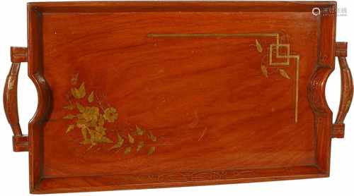 A wooden serving tray with Art Nouveau-style copper inlay. 2nd half 20th century.