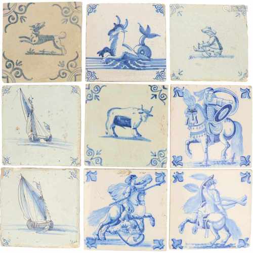 A lot with (9) 'Delft' tiles with various motifs. Different ages.