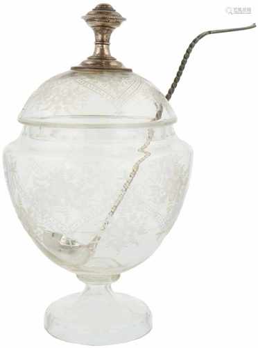 Crystal punch bowl pot with base metal ladle.