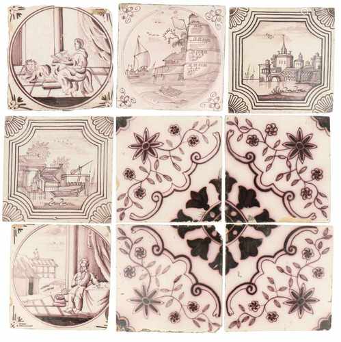 A lot with (9) manganese tiles with various motifs. Different ages.