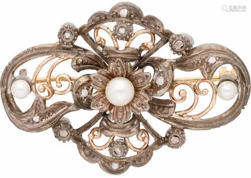 Brooch gold / silver, diamond and cultivated pearl - 835/1000.