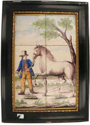 A tile panel with polychromed decor of a farmer and his horse. Consisting of 6 tiles. 19th century.