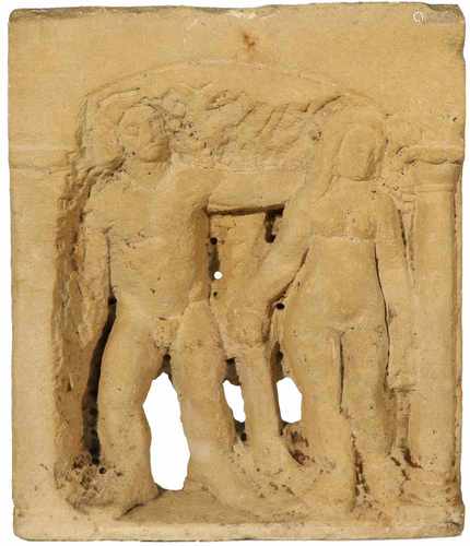 A stone bas relief with depiction of the Fall of men.