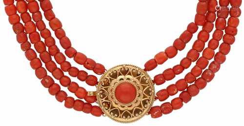 Necklace with yellow gold closure, red coral - 14 ct.