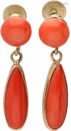 Earrings yellow gold, red coral - 14 ct.